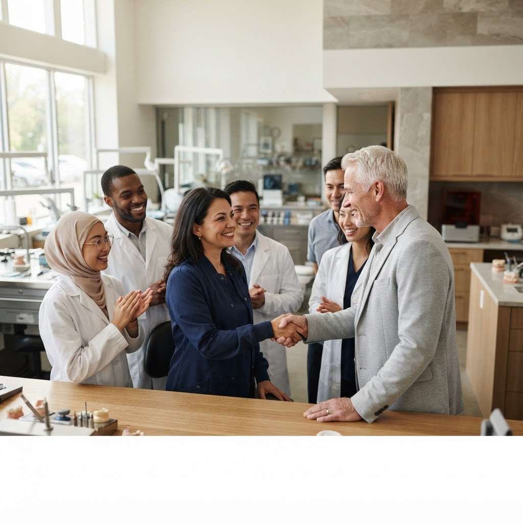 Team eines Dentallabors bei einem partnerschaftlichen Gespräch