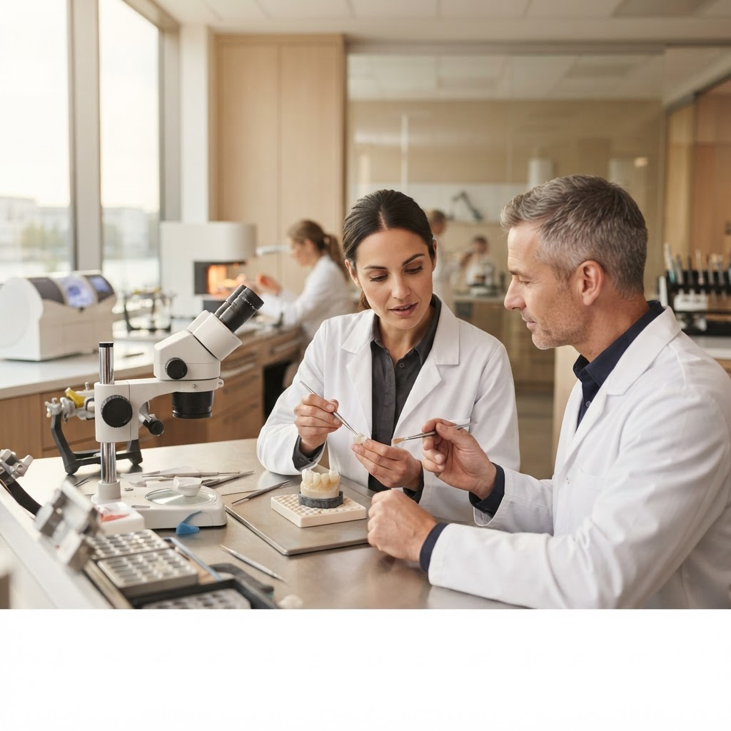 Zwei Dentaltechniker arbeiten gemeinsam in einem modernen Labor